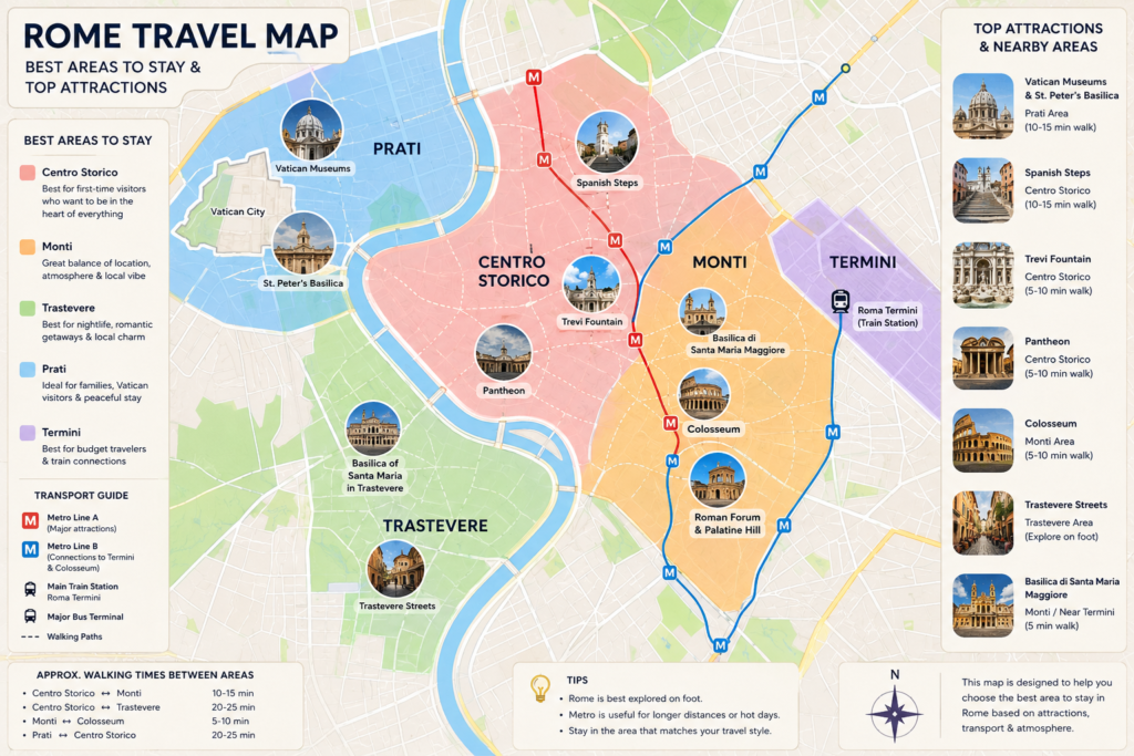 Rome neighborhood map showing Centro Storico, Monti, Trastevere, Prati, and Termini with major attractions.