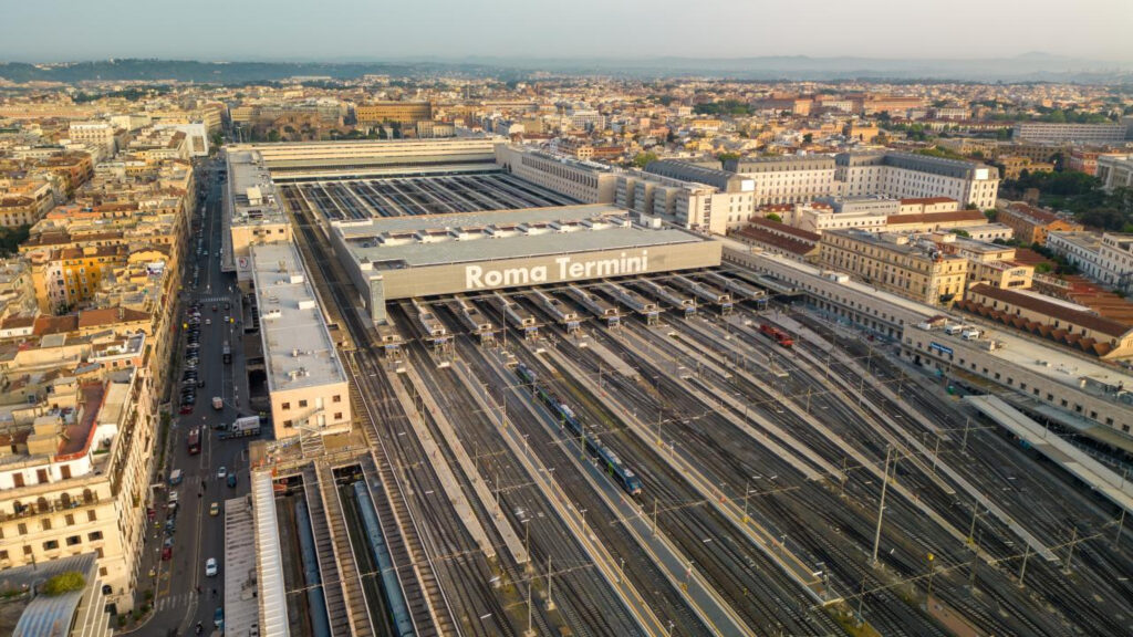 Aerial view of Roma Termini Station and Esquilino neighborhood in Rome Italy