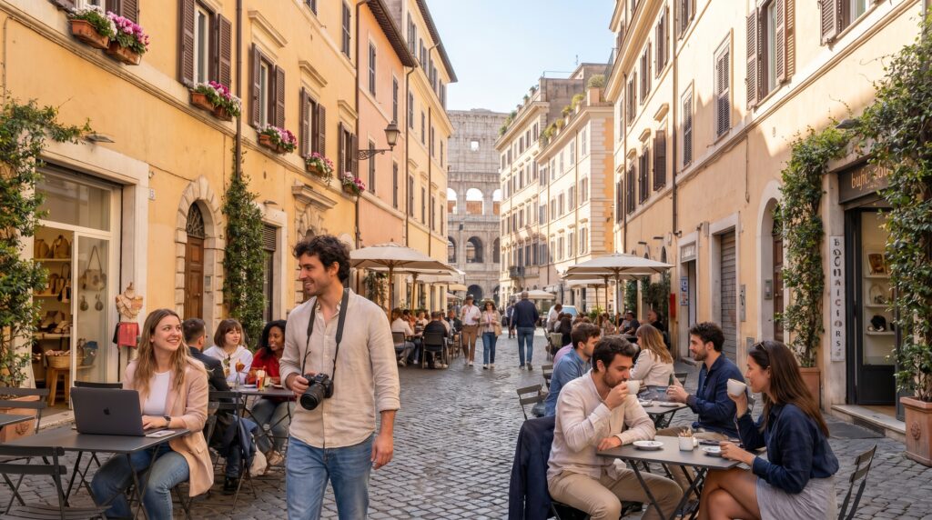 Monti Rome neighborhood with trendy cafes, boutique shops and young travelers near the Colosseum