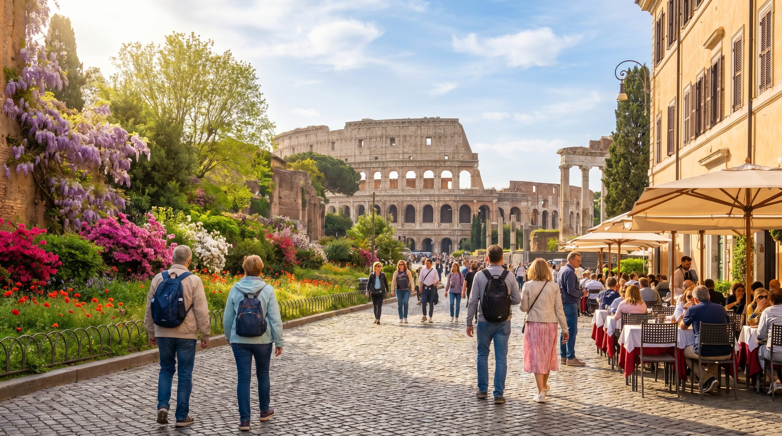 Spring season in Rome featuring colorful flowers, outdoor cafes and the Colosseum