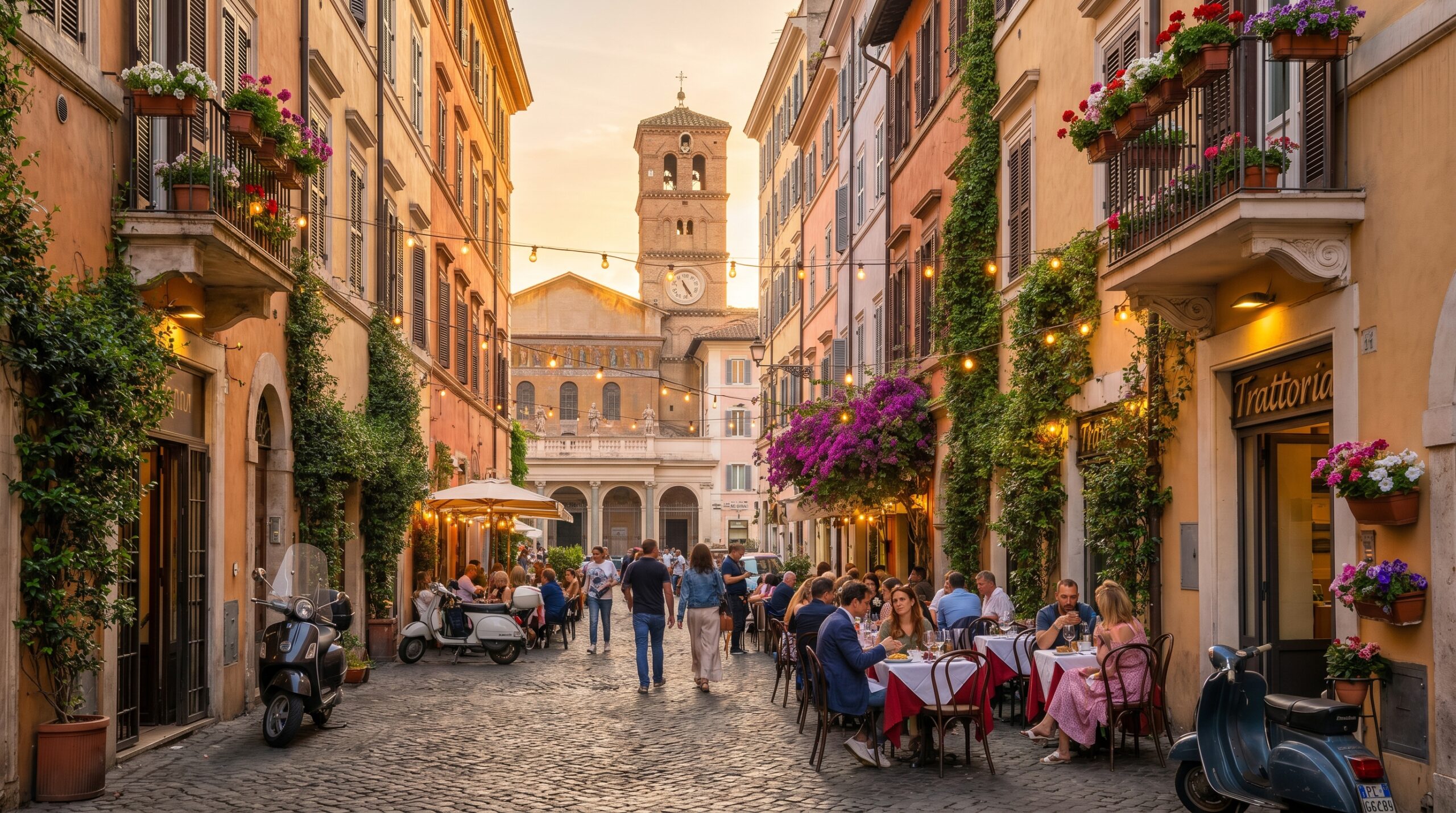Romantic streets of Trastevere Rome with outdoor cafes and historic Italian buildings