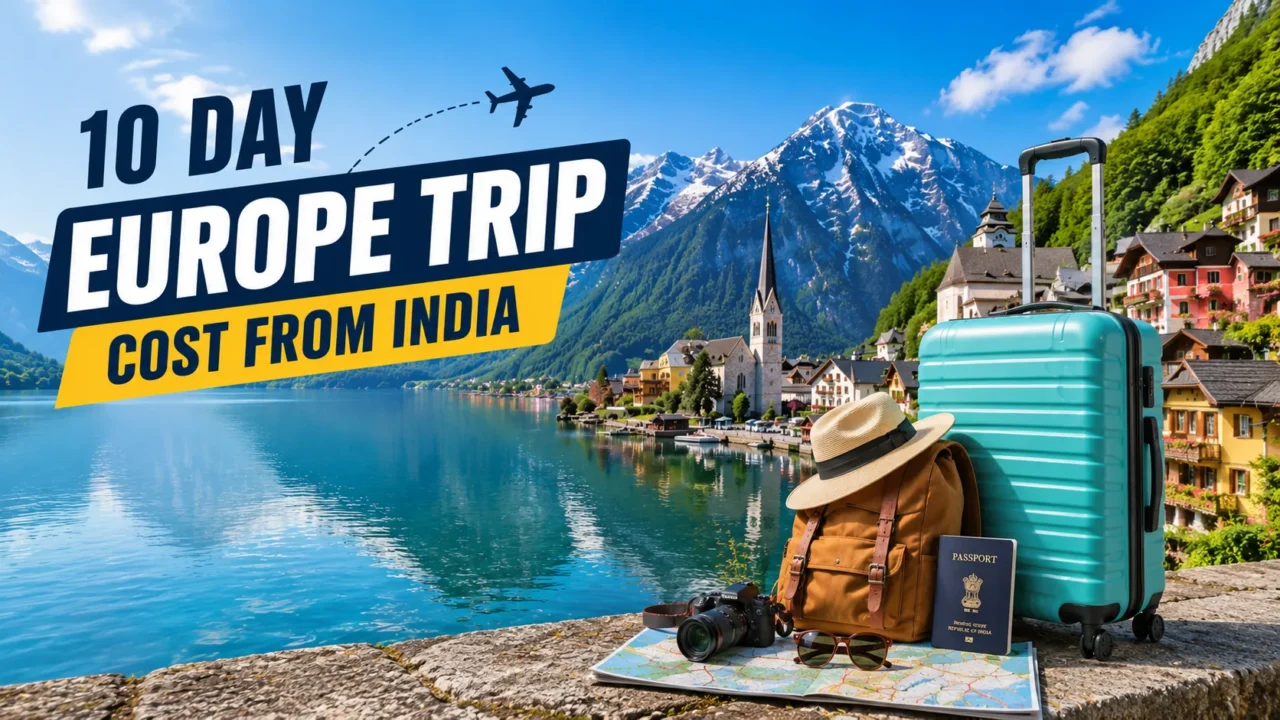 Scenic European destination with travel luggage, Indian passport, airplane, and mountains representing the estimated 10 day Europe trip cost from India.