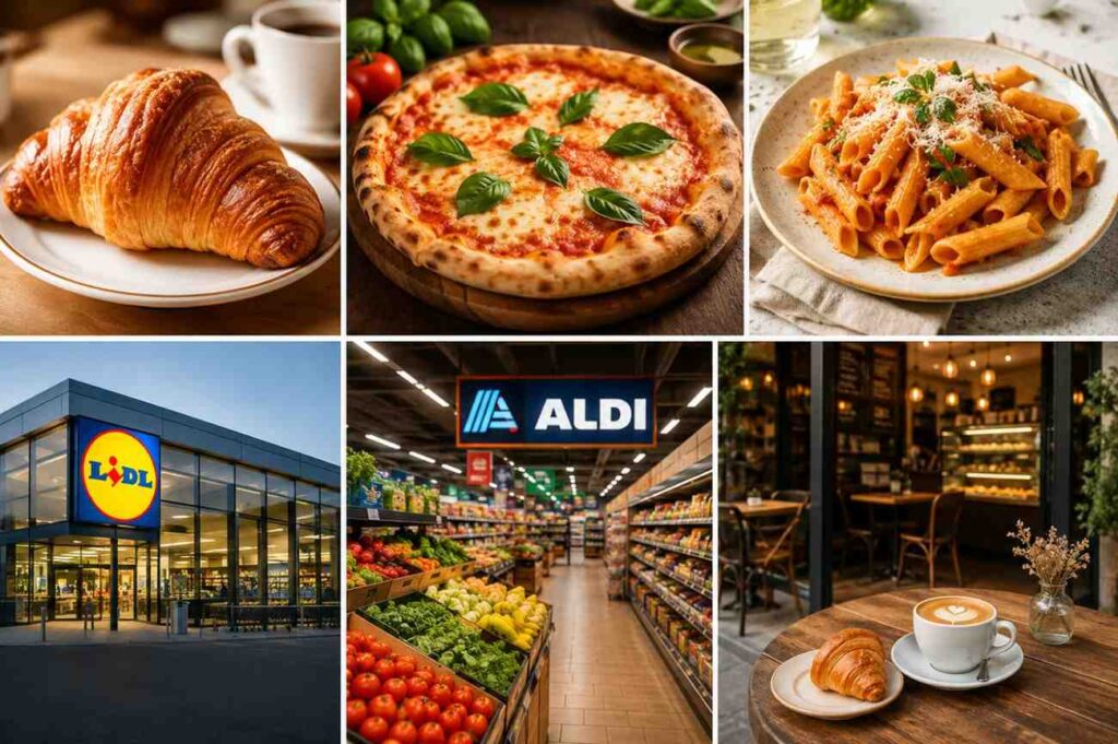 Collage showing croissant, pizza, pasta, Lidl supermarket, Aldi supermarket, and a local European café.