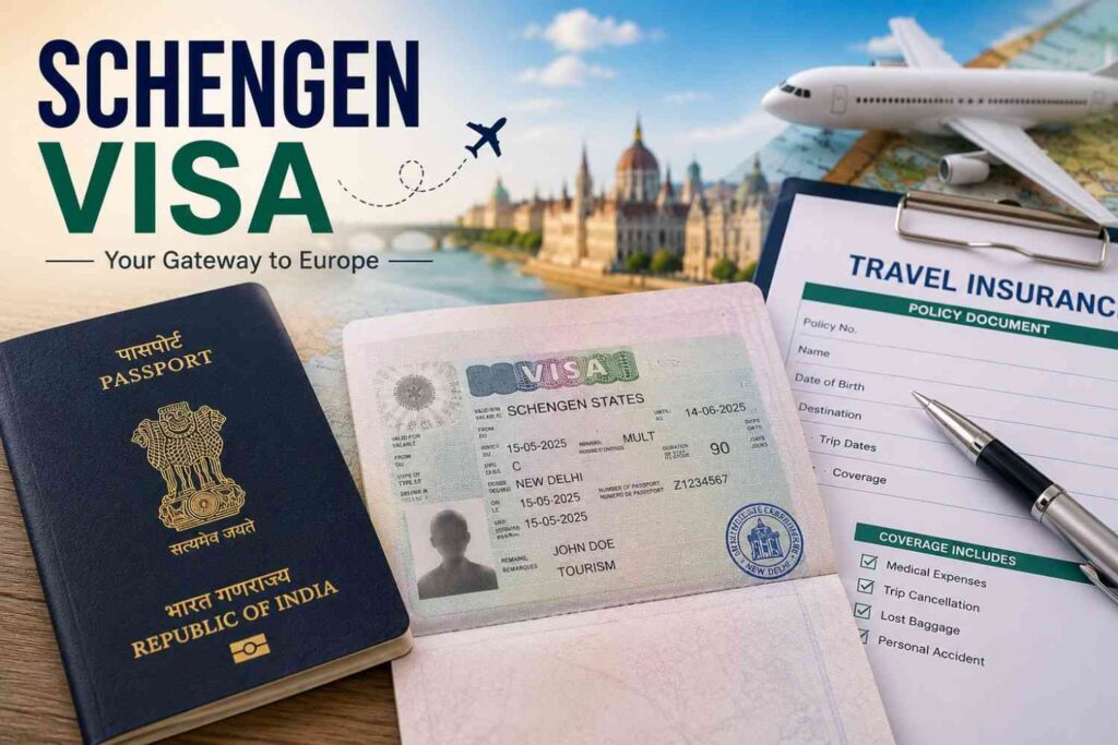 Indian passport with a Schengen Visa, travel insurance documents, and Europe travel essentials for Indian travellers.
